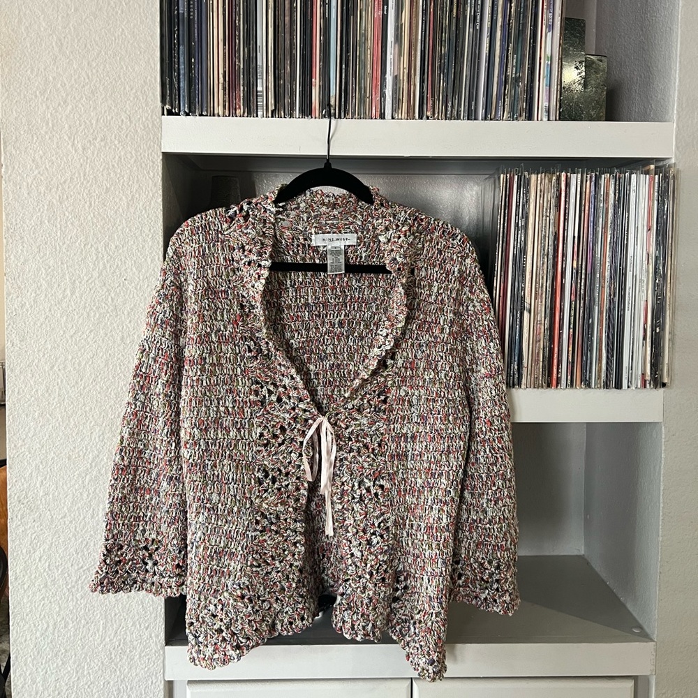 Vintage Nine West Crochet Cardigan w/ pink ribbon